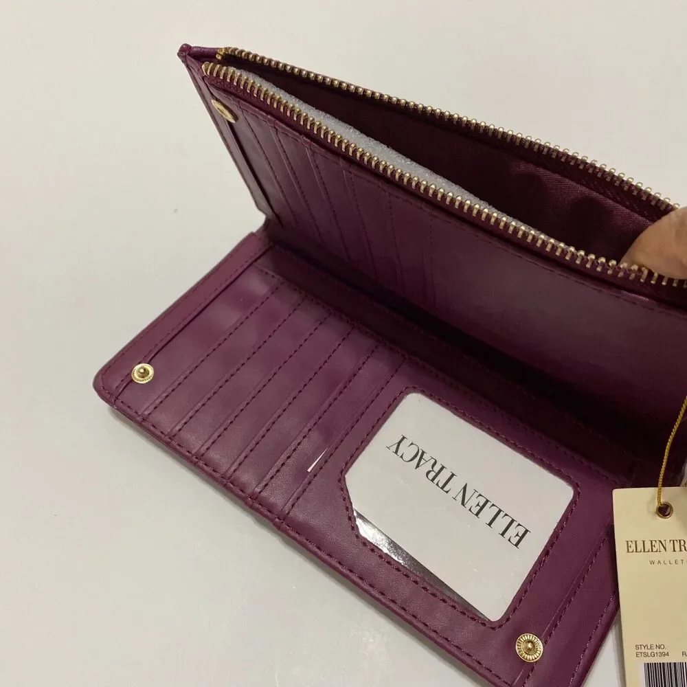 ELLEN TRACY‎ Smooth Vachetta Zippered Bi Fold Wristlet Wallet  Raspberry NWT